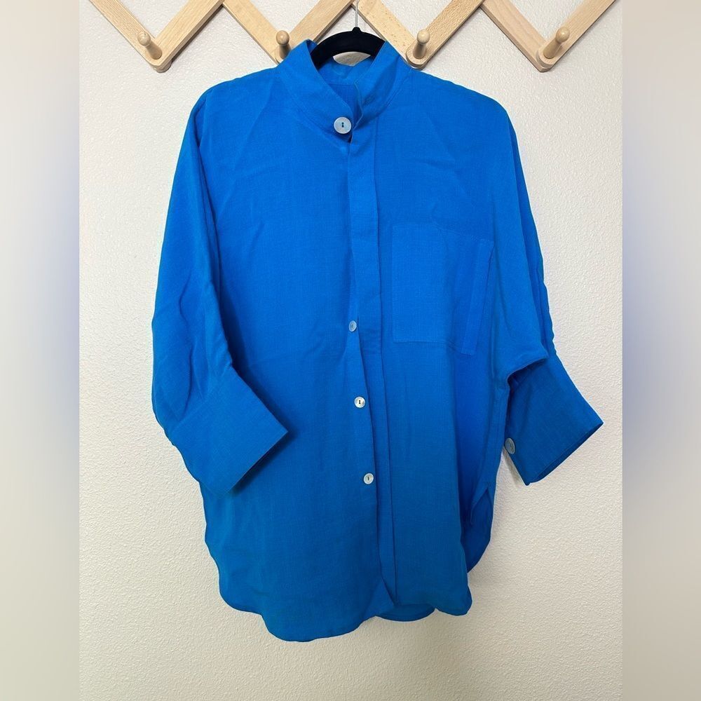 Fridaze Blue Linen Blouse Button Down Sz S